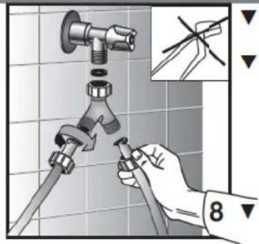 Diagram showing a hand using a tool to adjust or install a faucet, with an inset showing the correct assembly.