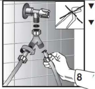 Diagram showing a hand holding a pipe fitting with a valve, alongside an inset illustrating the correct installation of a pipe fitting.