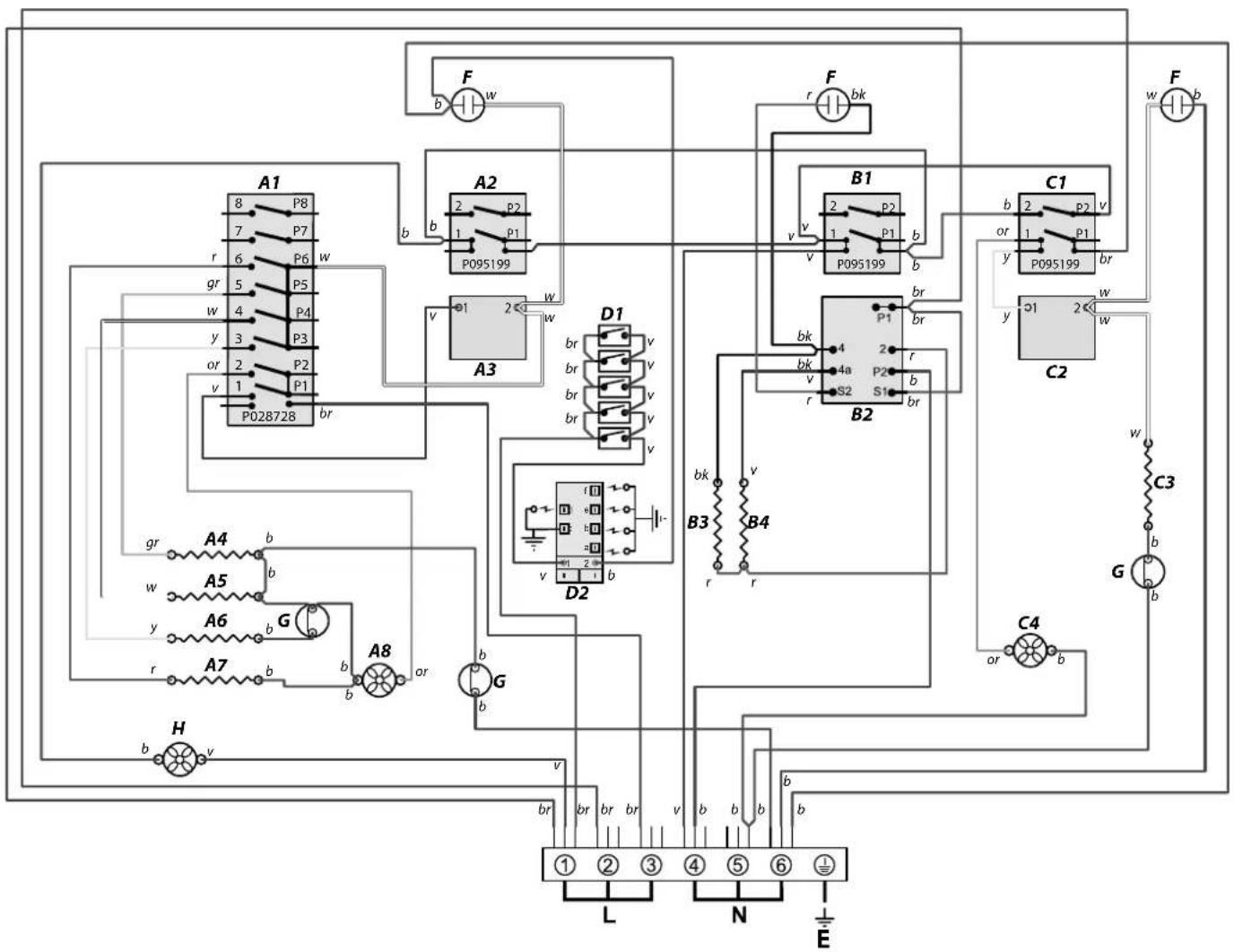 graph TD subgraph Left_Schematic A1["8 P8"] -->|r 6 P6 w| B1["2 p2"] A1 -->|gr 5 P5| B1 A1 -->|w 4 P4| B1 A1 -->|y 3 P3| B1 A1 -->|or 2 P2| B1 A1 -->|v 1 P1| B1 A1 -->|P028728 br| B1 end subgraph Right_Schematic A2["2 p2"] -->|b 1 P1| B1 A2 -->|v 1 P095199| B1 A2 -->|w 2 P095199| B1 A2 -->|A3| B1 A3…