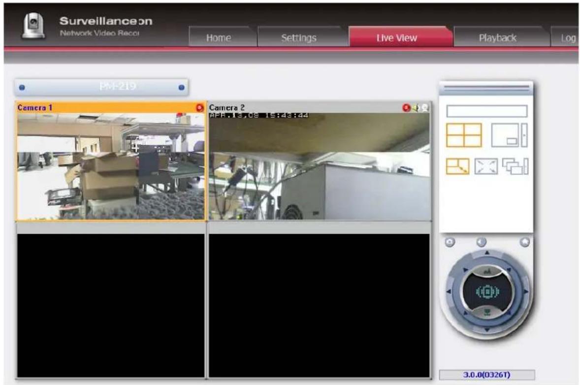 Surveillance Network Video Recol Home Settings Live View Playback Log PM-219 Camera 1 Camera 2 3.0.0(0326T)
