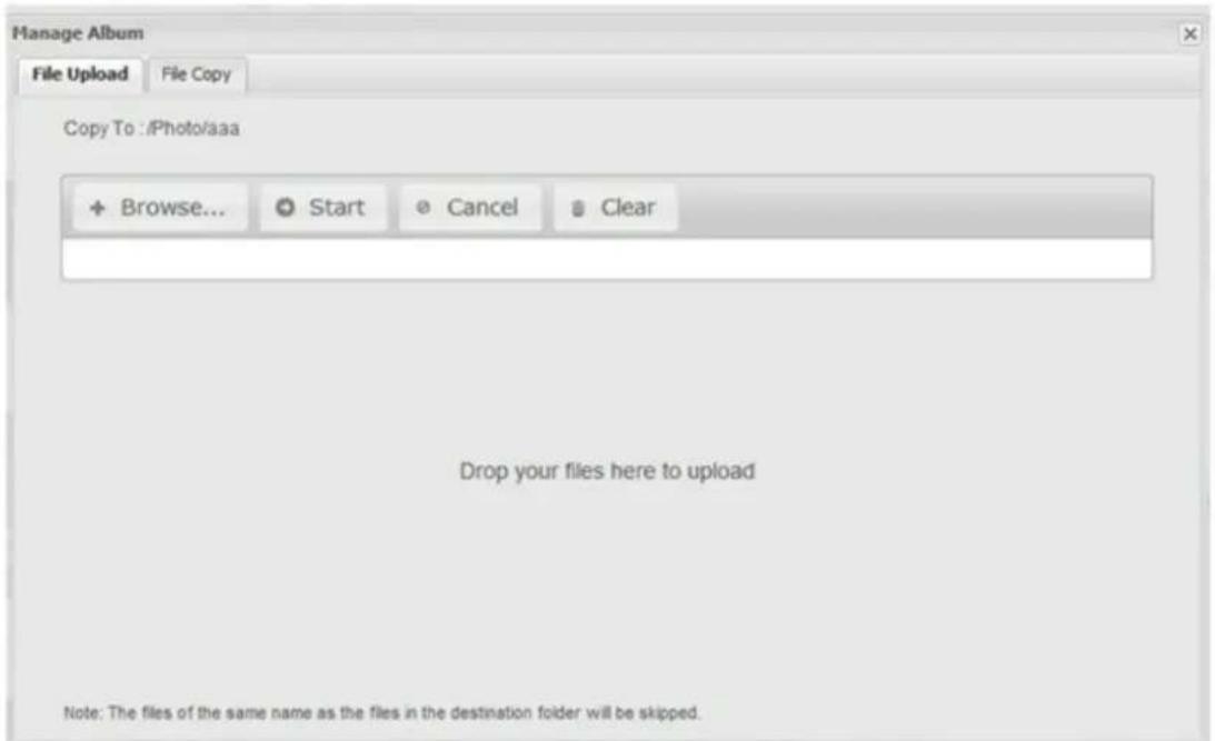 Manage Album File Upload File Copy Copy To :/iPhoto/aaa + Browse... Start Cancel Clear Drop your files here to upload Note: The files of the same name as the files in the destination folder will be skipped.