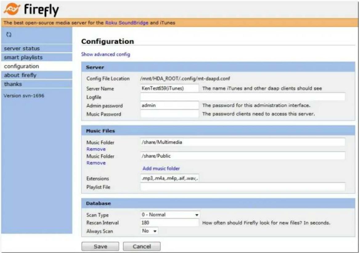Firefly The best open-source media server for the Roku SoundBridge and iTunes Configuration Show advanced config Server Config File Location /mnt/HDA_ROOT/.config/mt-daapd.conf Server Name KenTest659(iTunes) The name iTunes and other daap clients should see Logfile Admin password admin The password…