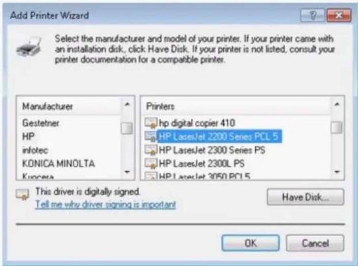 Add Printer Wizard Select the manufacturer and model of your printer. If your printer came with an installation disk, click: Have Disk. If your printer is not listed, consult your printer documentation for a compatible printer. Manufacturer Gestetner HP infotec KONICA MINOLTA Konzeta Printers hp dig…