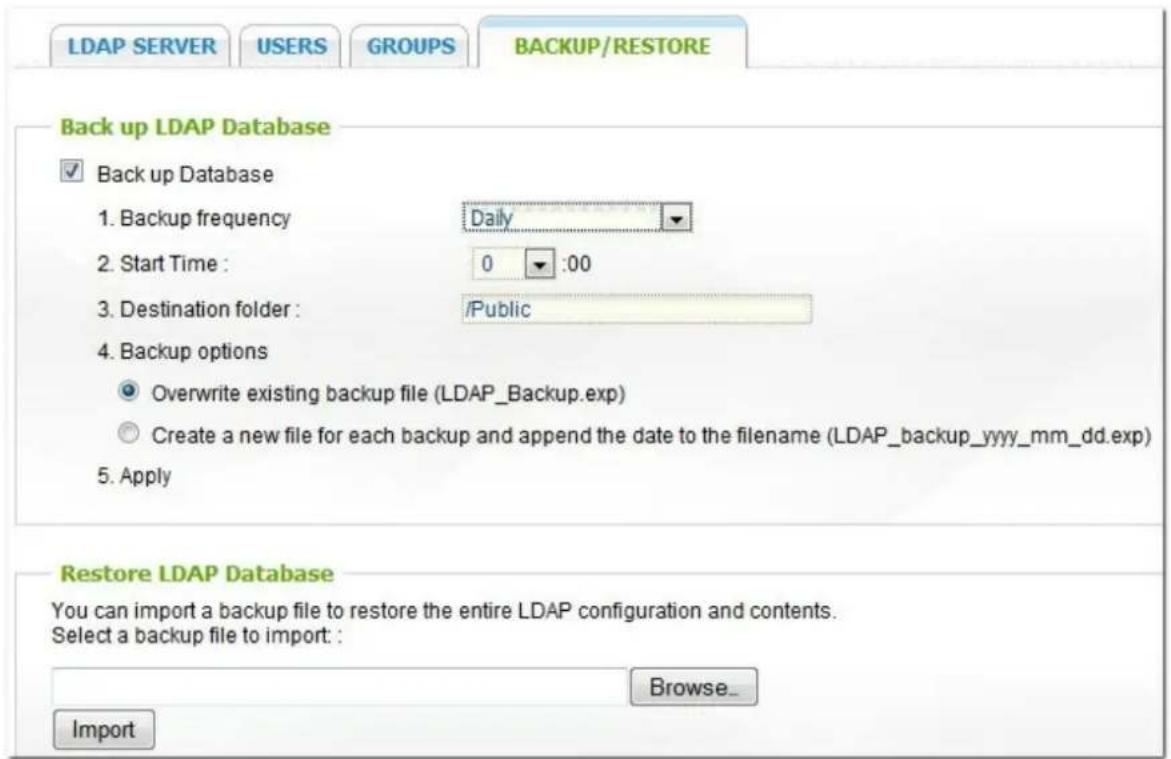LDAP SERVER USERS GROUPS BACKUP/RESTORE Back up LDAP Database ✓ Back up Database 1. Backup frequency Daily 2. Start Time : 0 :00 3. Destination folder : /Public 4. Backup options Overwrite existing backup file (LDAP_Backup.exp) Create a new file for each backup and append the date to the filename (L…