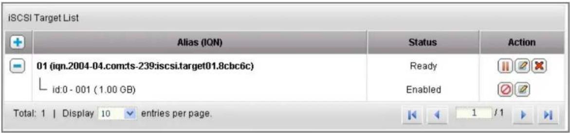 ISCSI Target List Alias (IQN) 01 (iqn.2004-04.com:ts-239:iscsi.target01.8cbc6c) id:0 - 001 (1.00 GB) Status Ready Enabled Action Total: 1 | Display 10 entries per page. 1 / 1