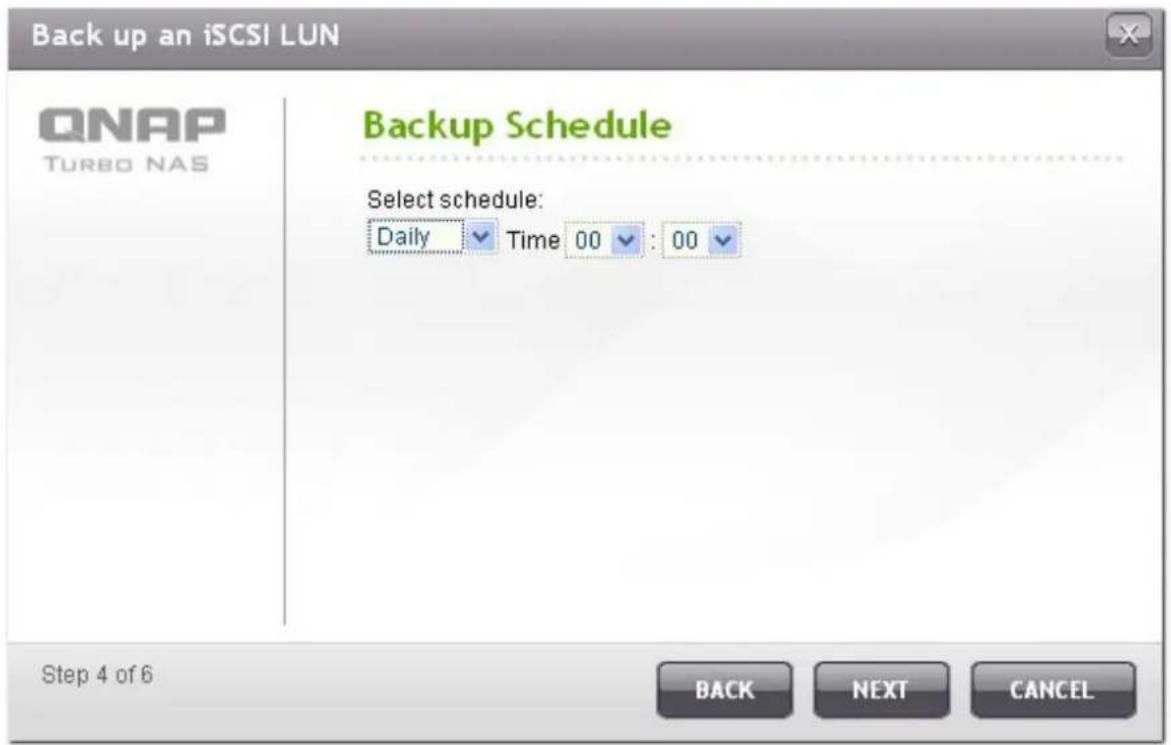 Back up an iSCSI LUN QNAP TURBO NAS Backup Schedule Select schedule: Daily Time 00 : 00 Step 4 of 6 BACK NEXT CANCEL