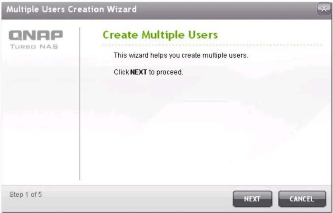 Multiple Users Creation Wizard ONAP TURSO NAS Create Multiple Users This wizard helps you create multiple users. Click NEXT to proceed. Step 1 of 5 NEXT CANCEL