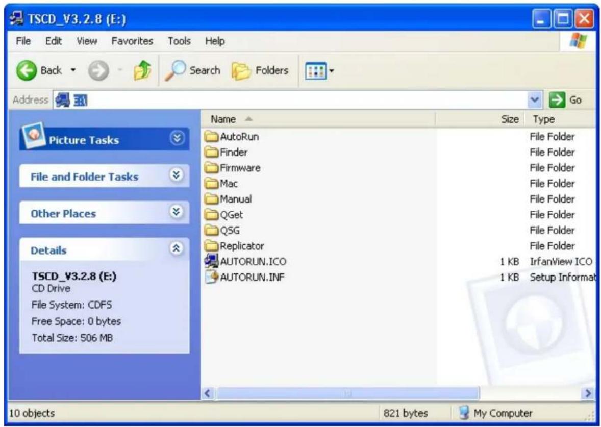 TSCD_V3.2.8 (E:) File Edit View Favorites Tools Help Back Search Folders Address Go Picture Tasks File and Folder Tasks Other Places Details TSCD_V3.2.8 (E:) CD Drive File System: CDFS Free Space: 0 bytes Total Size: 506 MB Name Size Type AutoRun File Folder Finder File Folder Firmware File Folder M…