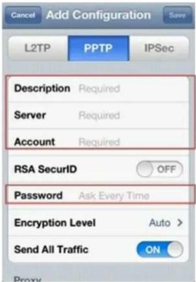Add Configuration L2TP PPTP IPSec Description Required Server Required Account Required RSA SecurlD OFF Password Ask Every Time Encryption Level Auto > Send All Traffic ON Proxy