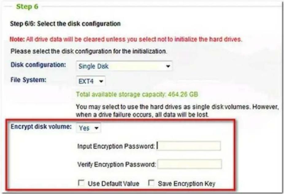Step 6 Step 6/6: Select the disk configuration Note: All drive data will be cleared unless you select not to initialize the hard drives. Please select the disk configuration for the initialization. Disk configuration: Single Disk File System: EXT4 Total available storage capacity: 464.26 GB You may…