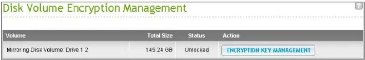 Disk Volume Encryption Management Volume Total Size Status Action Mirroring Disk Volume: Drive 1 2 145.24 GB Unlocked ENCRYPTION KEY MANAGEMENT