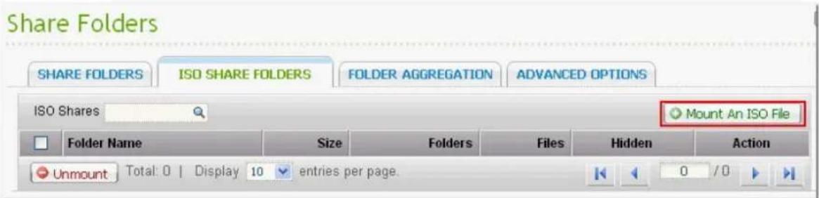 Share Folders SHARE FOLDERS ISO SHARE FOLDERS FOLDER AGGREGATION ADVANCED OPTIONS ISO Shares Mount An ISO File Folder Name Size Folders Files Hidden Action Unmount Total: 0 | Display 10 entries per page. 0 / 0