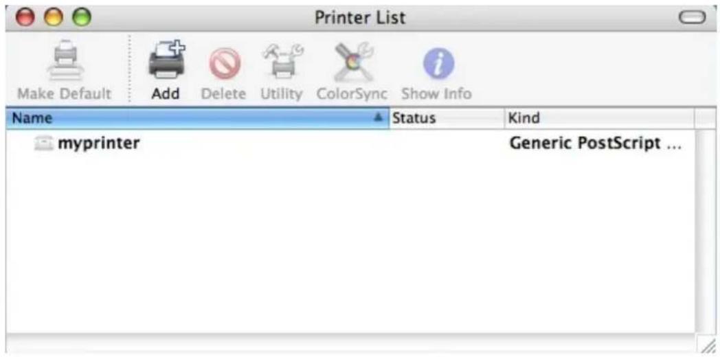 Printer List Make Default Add Delete Utility ColorSync Show Info Name Status Kind myprinter Generic PostScript ...