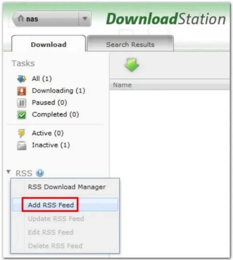 nas DownloadStation Download Search Results Tasks All (1) Downloading (1) Paused (0) Completed (0) Active (0) Inactive (1) RSS Name RSS Download Manager Add RSS Feed Update RSS Feed Edit RSS Feed Delete RSS Feed