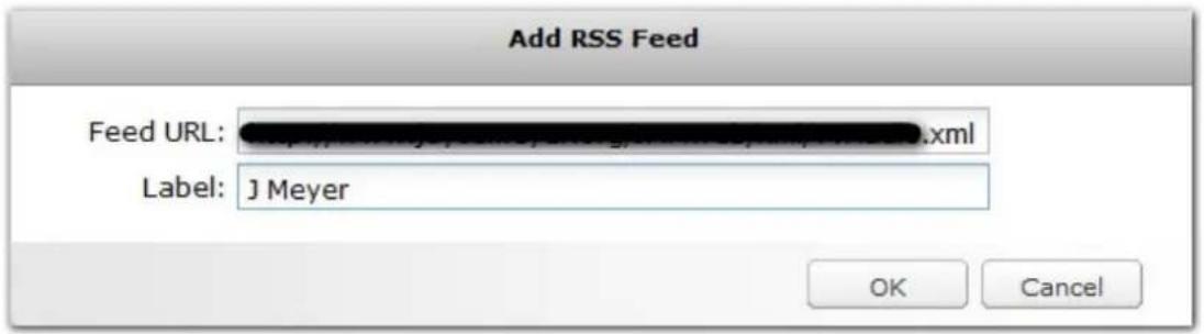 Add RSS Feed Feed URL: Label: J Meyer OK Cancel