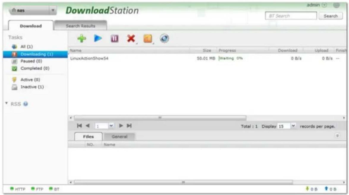 DownloadStation admin BT Search Search Results Tasks All (1) Downloading (1) Paused (0) Completed (0) Active (0) Inactive (1) RSS Name Size Progress Download Upload Finish LinuxActionShow$4 50.01 MB Waiting 0% 0 B/s 0 B/s -- Total : 1 Display: 15 records per page. Files General NO. Name HTTP FTP BT