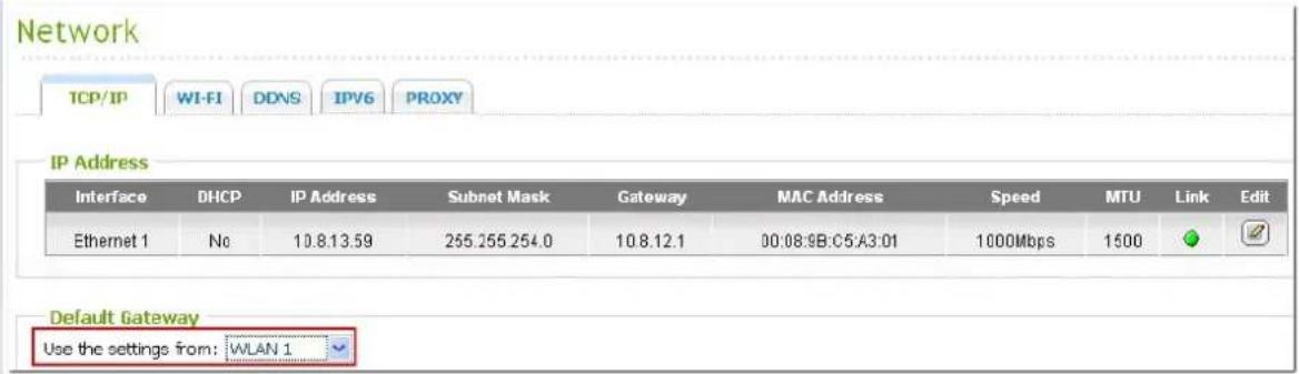 Network TCP/IP WI-FI DDNS IPV6 PROXY IP Address Interface DHCP IP Address Subnet Mask Gateway MAC Address Speed MTU Link Edit Ethernet 1 No 10.8.13.59 255.255.254.0 10.8.12.1 00:08:9B:C5:A3:01 1000Mbps 1600 Default Gateway Use the settings from: WLAN 1