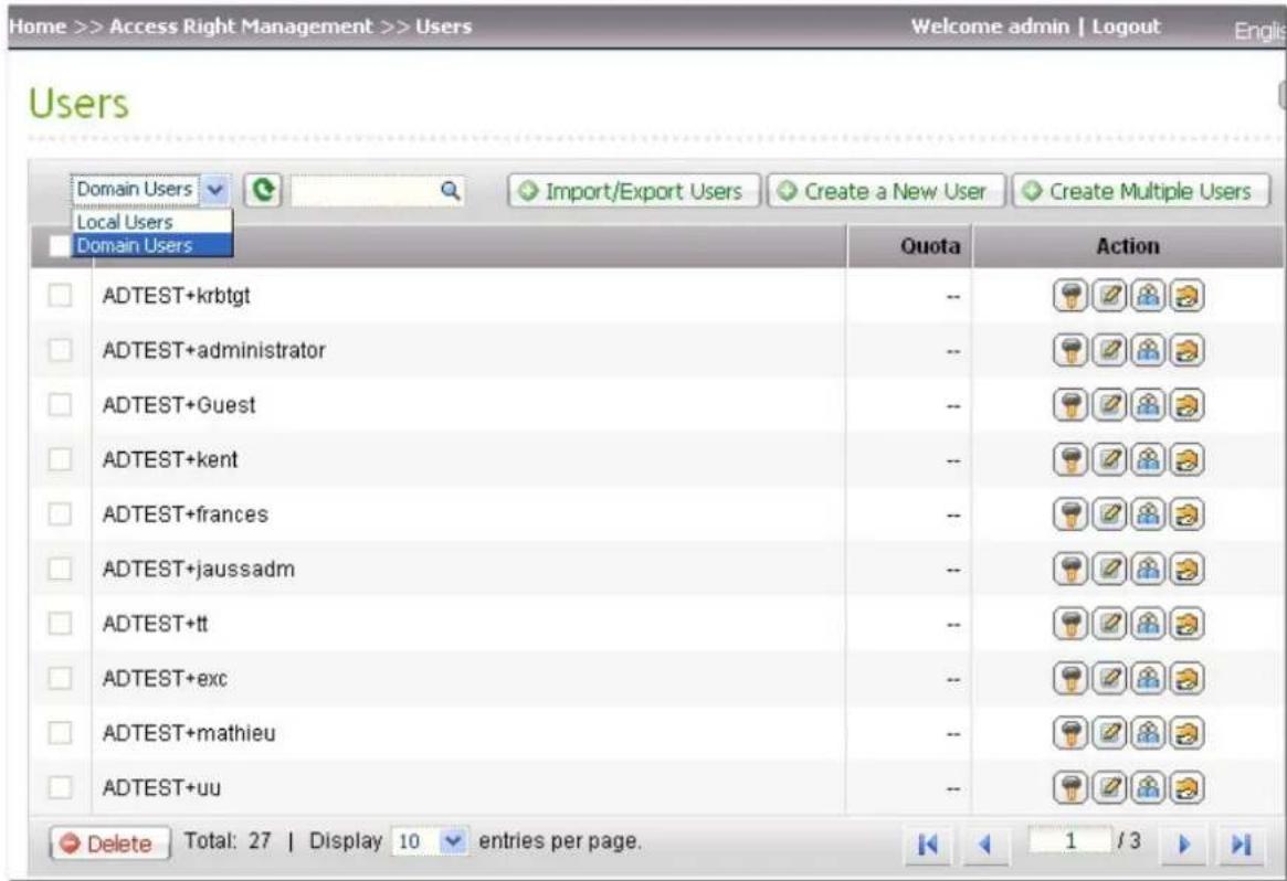 Home >> Access Right Management >> Users Welcome admin | Logout Englis Users Domain Users Local Users Domain Users Import/Export Users Create a New User Create Multiple Users Quota Action ADTEST+krbtgt -- ADTEST+administrator -- ADTEST+Guest -- ADTEST+kent -- ADTEST+frances -- ADTEST+jaussadm -- ADT…