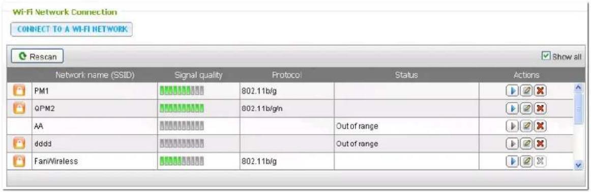 Wi-Fi Network Connection CONNECT TO A WI-FI NETWORK Rescan Show all Network name (SSID) Signal quality Protocol Status Actions PM1 802.11b/g QPM2 802.11b/g/n AA Out of range dddd Out of range Fan/Wireless 802.11b/g