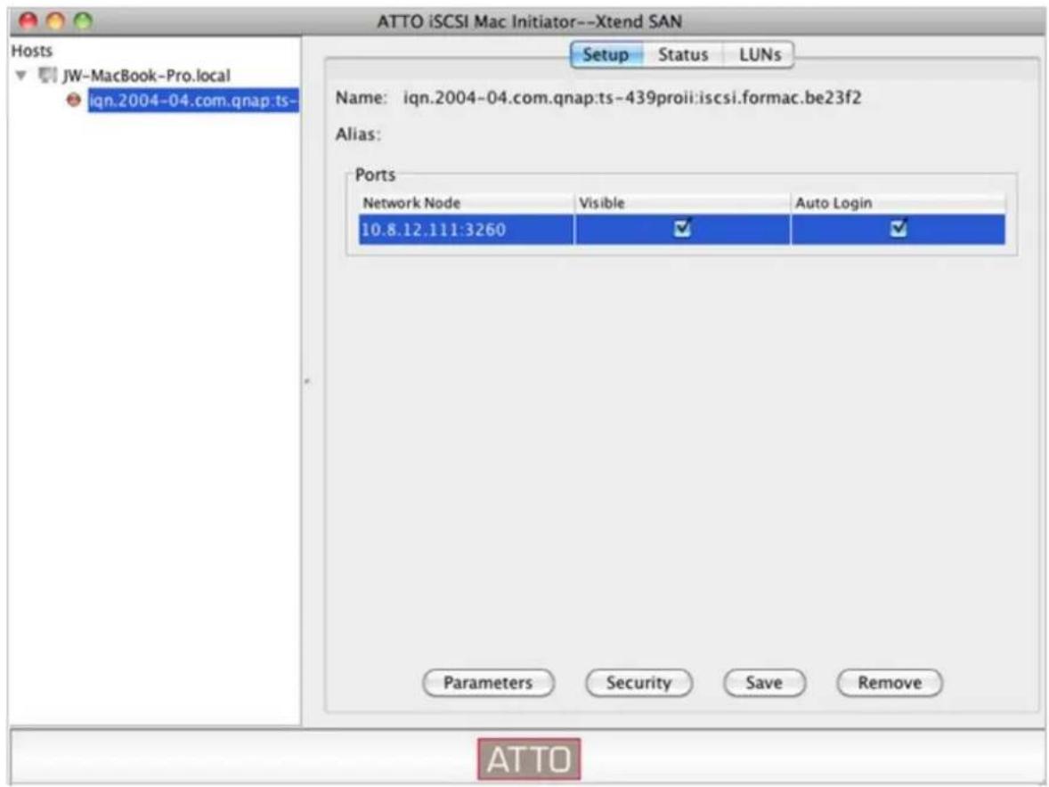 ATTO iSCSI Mac Initiator--Xtend SAN Hosts JW-MacBook-Pro.local iqn.2004-04.com.qnap.ts- Setup Status LUNs Name: iqn.2004-04.com.qnap.ts-439proii:iscsi.formac.be23f2 Alias: Ports Network Node Visible Auto Login 10.8.12.111:3260 Parameters Security Save Remove ATTO