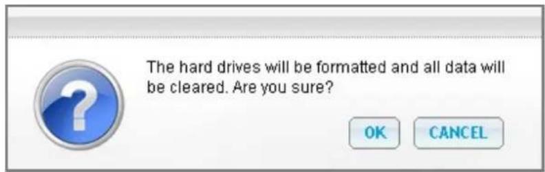 The hard drives will be formatted and all data will be cleared. Are you sure? OK CANCEL