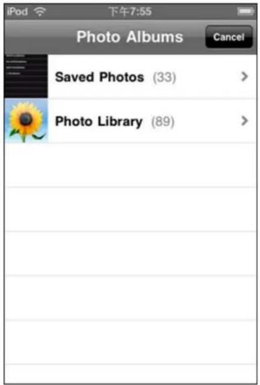 iPod 下午7:55 Photo Albums Cancel Saved Photos (33) Photo Library (89)