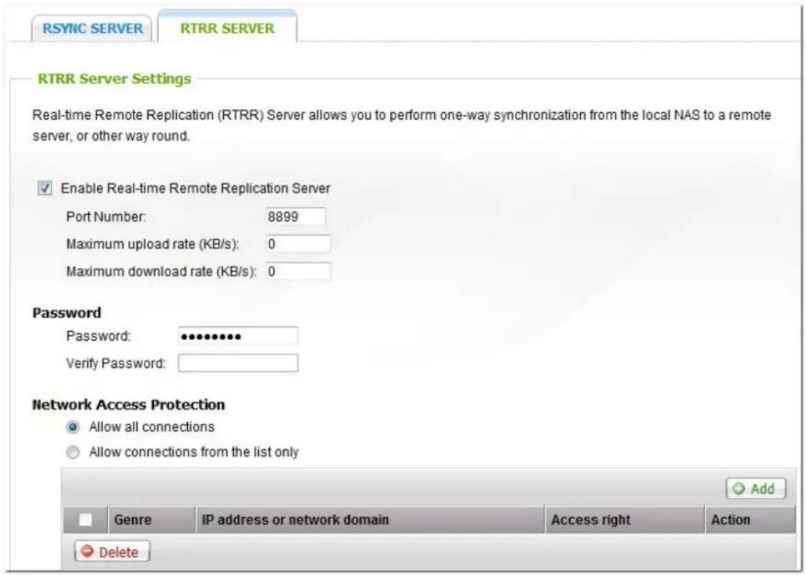 RSYNC SERVER RTRR SERVER RTRR Server Settings Real-time Remote Replication (RTRR) Server allows you to perform one-way synchronization from the local NAS to a remote server, or other way round. Enable Real-time Remote Replication Server Port Number: 8899 Maximum upload rate (KB/s): 0 Maximum downloa…