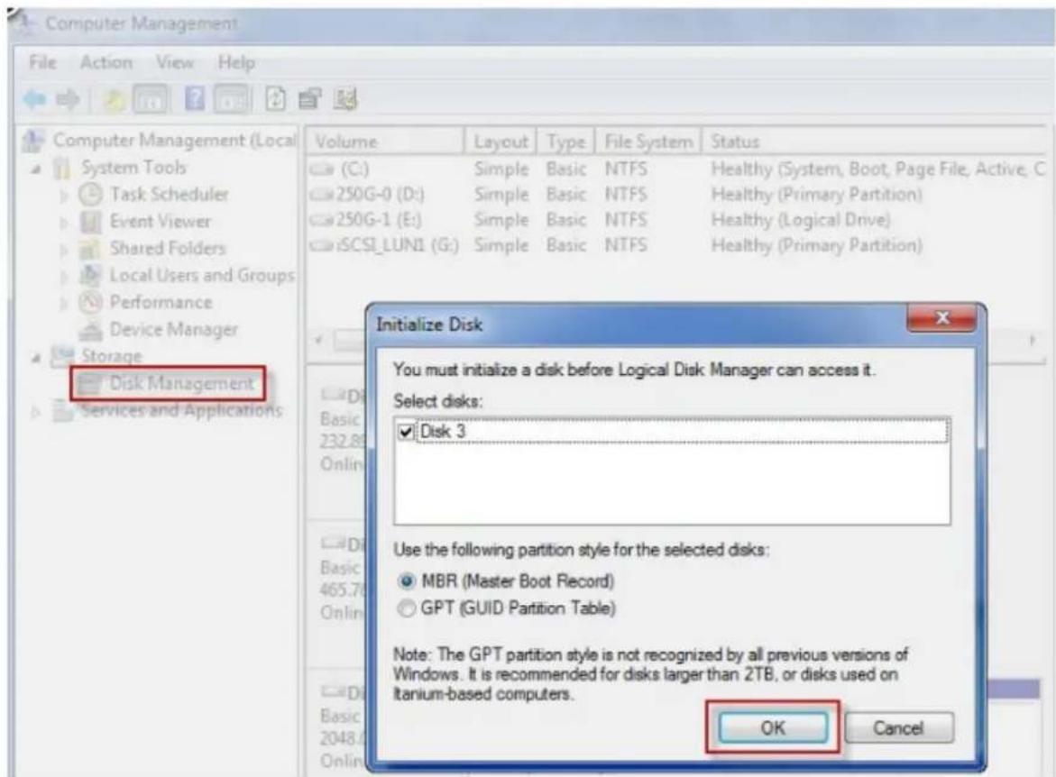 Computer Management File Action View Help Volume Layout Type File System Status (C:) Simple Basic NTFS Healthy (System, Boot, Page File, Active, C 250G-0 (D:) Simple Basic NTFS Healthy (Primary Partition) 250G-1 (E:) Simple Basic NTFS Healthy (Logical Drive) iSCSI_LUN1 (G:) Simple Basic NTFS Healthy…