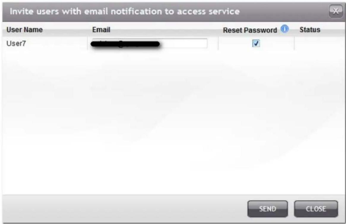 Invite users with email notification to access service User Name Email Reset Password Status User7 ✓ SEND CLOSE