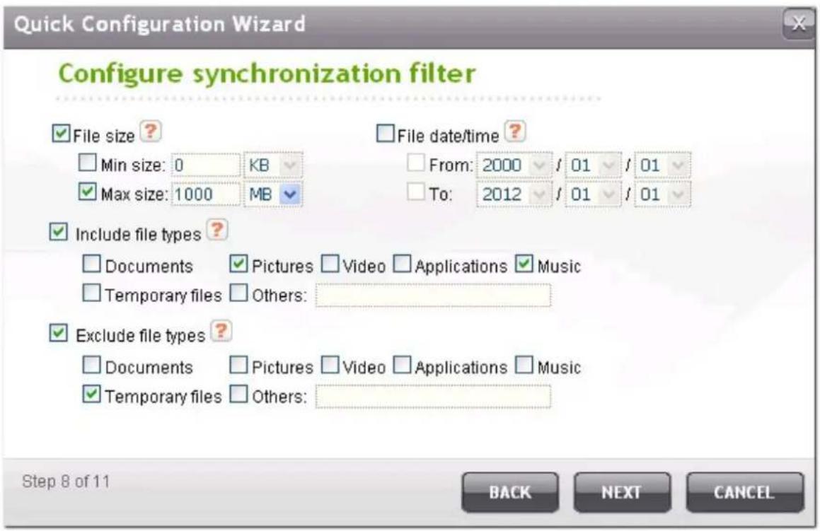 Quick Configuration Wizard Configure synchronization filter File size ? Min size: 0 KB Max size: 1000 MB File date/time ? From: 2000 / 01 / 01 To: 2012 / 01 / 01 Include file types ? Documents Pictures Video Applications Music Temporary files Others: Exclude file types ? Documents Pictures Video App…