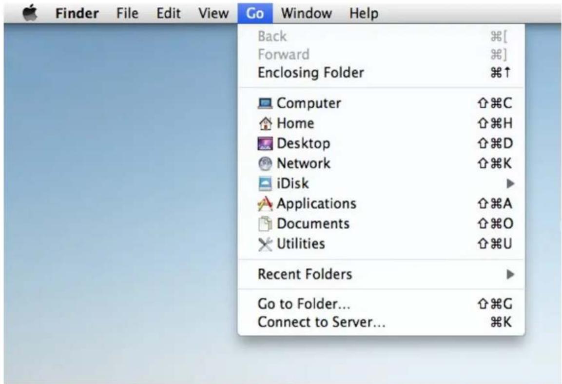 Finder File Edit View Go Window Help Back Forward Enclosing Folder Computer Home Desktop Network iDisk Applications Documents Utilities Recent Folders Go to Folder... Connect to Server... [ ] C H D K A O U G K
