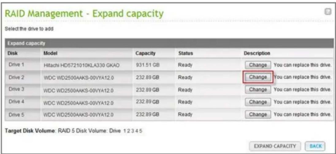 RAID Management - Expand capacity Select the drive to add Expand capacity Disk Model Capacity Status Description Drive 1 Hitachi HD5721010KLA330 GKAO 931.51 GB Ready Change You can replace this drive. Drive 2 WDC WD2500AAKS-00VYA12.0 232.89 GB Ready Change You can replace this drive. Drive 3 WDC WD2…