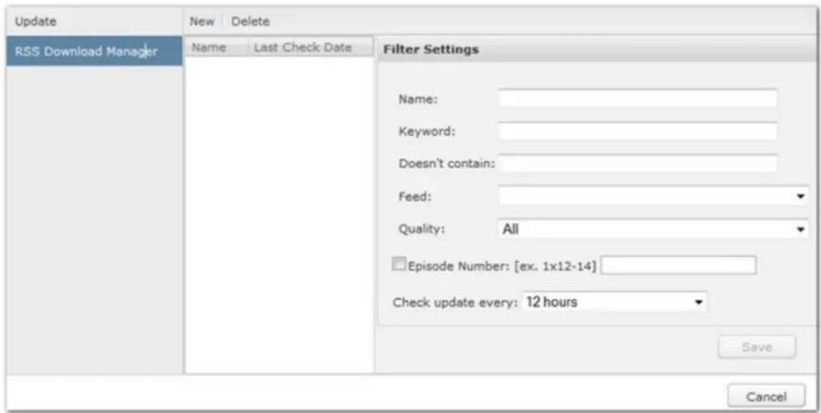 Update New Delete RSS Download Manager Name Last Check Date Filter Settings Name: Keyword: Doesn't contain: Feed: Quality: All Episode Number: [ex. 1x12-14] Check update every: 12 hours Save Cancel