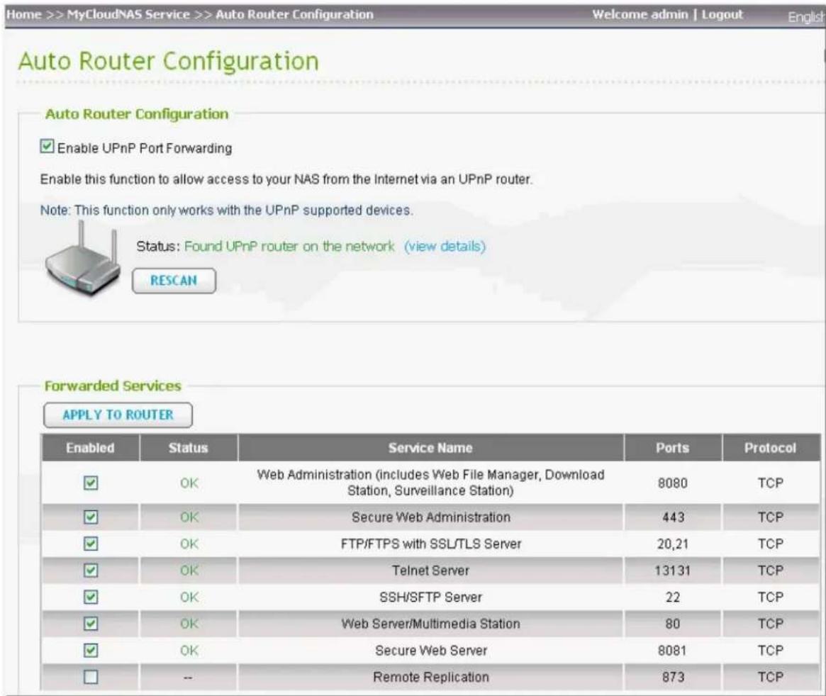 Home >> MyCloudNAS Service >> Auto Router Configuration Welcome admin | Logout Auto Router Configuration Auto Router Configuration Enable UPnP Port Forwarding Enable this function to allow access to your NAS from the Internet via an UPnP router. Note: This function only works with the UPnP supported…