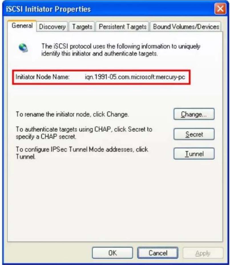 iSCSI Initiator Properties General Discovery Targets Persistent Targets Bound Volumes/Devices The iSCSI protocol uses the following information to uniquely identify this initiator and authenticate targets. Initiator Node Name:SQn.1991-05.com.microsoft:mercury-pc To rename the initiator node, click C…