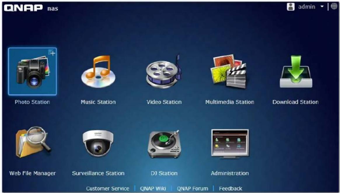 QNAP nas photo station Music Station Video Station Multimedia Station Download Station Web File Manager Surveillance Station DJ Station Administration Customer Service | QNAP Wiki | QNAP Forum | Feedback