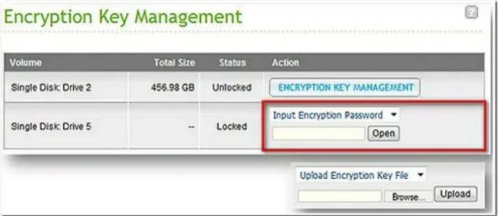 Encryption Key Management Volume Total Size Status Action Single Disk: Drive 2 456.98 GB Unlocked ENCRYPTION KEY MANAGEMENT Single Disk: Drive 5 -- Locked.Input Encryption Password ▼ Open Upload Encryption Key File ▼ Browse... Update
