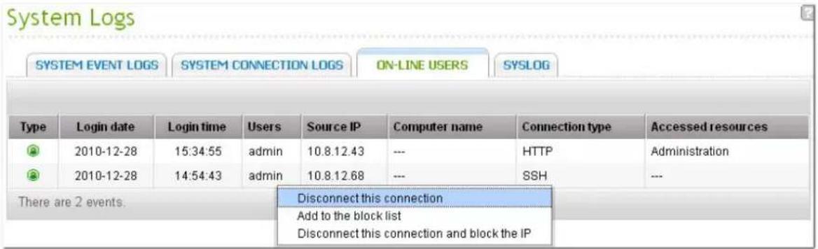 System Logs SYSTEM EVENT LOGS SYSTEM CONNECTION LOGS ON-LINE USERS SYSLOG Type Login date Login time Users Source IP Computer name Connection type Accessed resources 2010-12-28 15:34:55 admin 10.8.12.43 --- HTTP Administration 2010-12-28 14:54:43 admin 10.8.12.68 --- SSH --- There are 2 events. Disc…