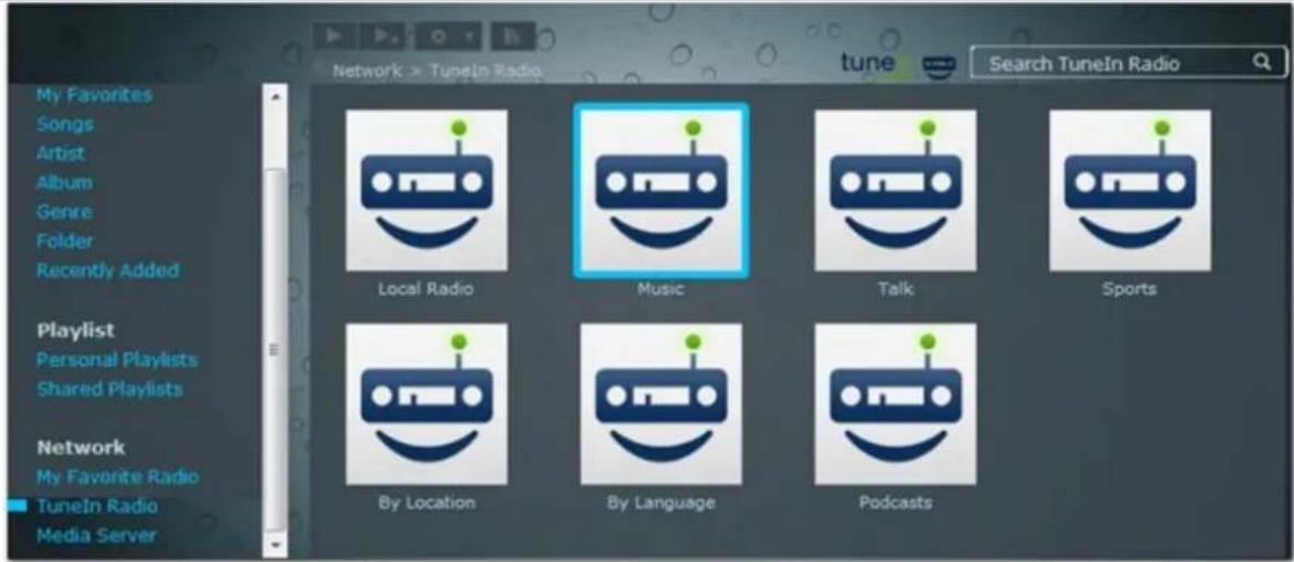 Network > TuneIn Radio My Favorites Songs Artist Album Genre Folder Recently Added Playlist Personal Playlists Shared Playlists Network My Favorite Radio TuneIn Radio Media Server Local Radio Music Talk Sports By Location By Language Podcasts Search TuneIn Radio