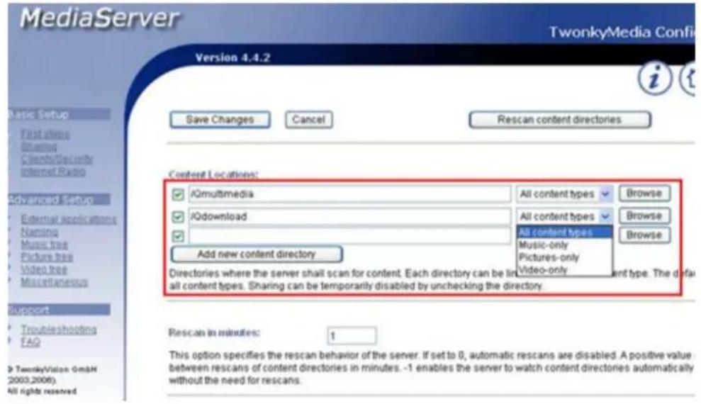 MediaServer TwonkyMedia Conf Version 4.4.2 Save Changes Cancel Rescan content directories Content Locations: iQmultimedia All content types Browse iQdownload All content types Browse All content types Music-only Pictures-only Browse Add new content directory Directories where the server shall scan f…