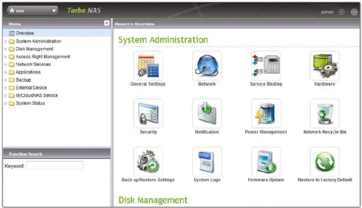 nas Turbo NAS Home Overview System Administration General Settings Network Service Binding Hardware Security Notification Power Management Network Recycle Bin Back up/Rostore Settings System Logs Firmware Update Rostore to Factory Default Function Search Keyword: Disk Management admin Home>> Overvie…