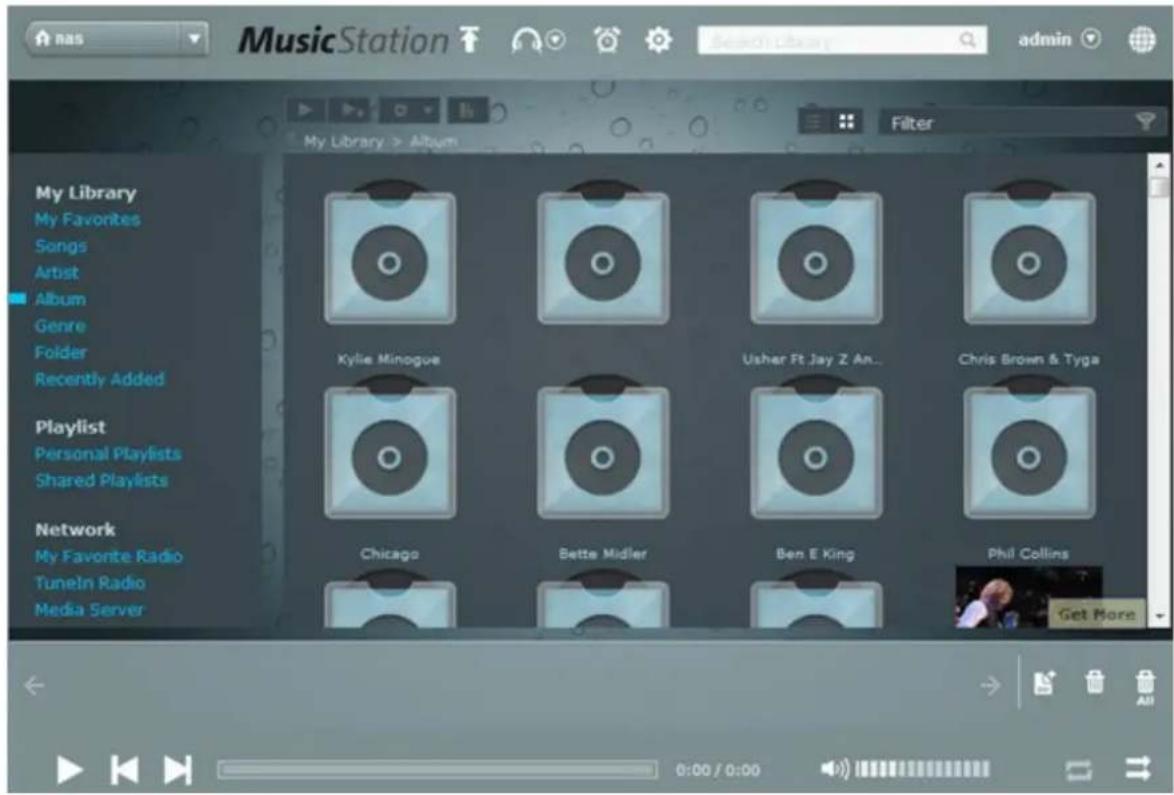 nas MusicStation Selected library admin My Library > Album Filter My Favorites Songs Artist Album Genre Folder Recently Added Playlist Personal Playlists Shared Playlists Network My Favorite Radio Tuneln Radio Media Server Kylie Minogue Usher Ft Jay Z An... Chris Brown & Tyga Chicago Bette Midler Be…