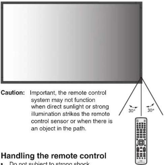 Caution: Important, the remote control system may not function when direct sunlight or strong illumination strikes the remote control sensor or when there is an object in the path. Handling the remote control • Do not subject to strong shock