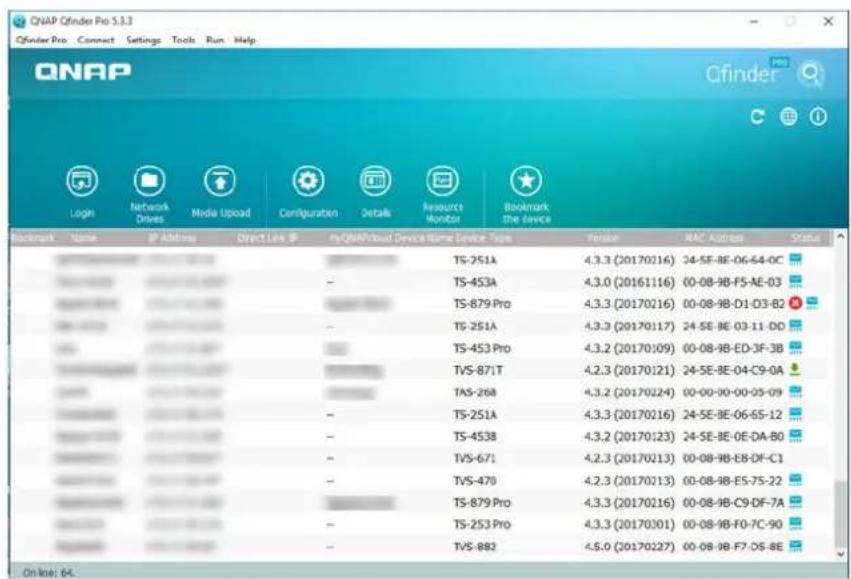 QNAP Qfinder Pro 5.3.3 Qfinder Pro Connect Settings Tools Run Help ONAP Login Network Drives Media Upload Configuration Details Resource monitor Bookmark the device Bookmark Name IP Address Direct Link IP PCNAP/Cloud Device Name Service Type Filter RAC Address Status TS-251A 4.3.3 (20170216) 24-5E-B…