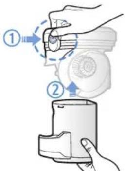 Diagram showing two steps of a hand operating a device, labeled with numbered instructions for each step.