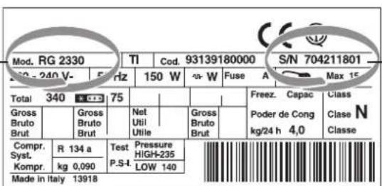 Mod. RG 2330 TI Cod. 93139180000 S/N 704211801 240-240 V- 5 Hz 150 W a-W Fuse A Max 15 Total 340 N C+3 75 Gross Bruto Brut Gross Bruto Brut Net Util Utilie Gross Bruto Brut Compr. R 134 a Test Pressure HIGH-235 Kompr. kg 0,090 LOW 140 Made in Italy 13918 Freez. Capac Class Poder de Cong Clase N kg/24 h 4,0 Classe