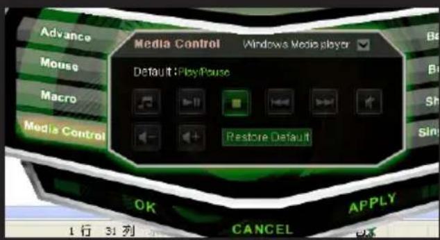 Advance Mouse Macro Media Control Media Control Windows Media Player Default:PlayPause Restore Default OK CANCEL APPLY 1 行 31 列