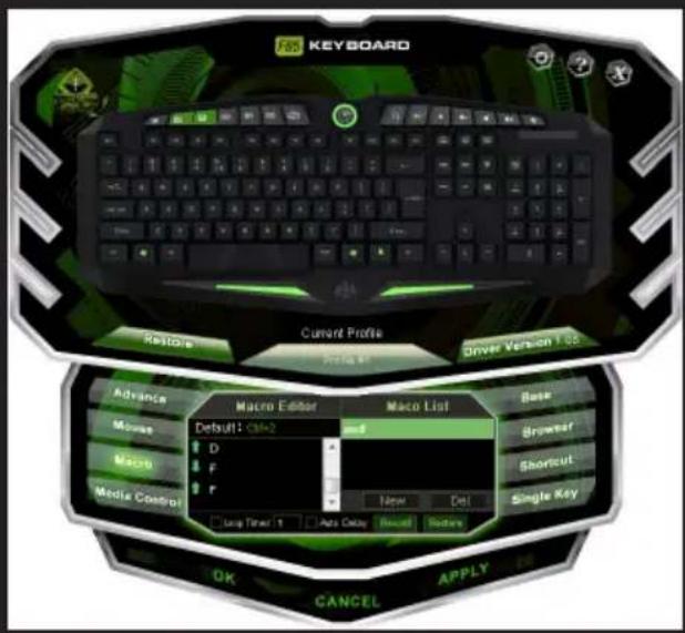 KEYBOARD Restore Current Profile Driver Version 1.08 Advance Macro Editor Macro List Base Move Default: Ctrl+2 Ctrl+1 Browser Macro D F F New Del Shortcut Media Control Single Key Long Timer: 1 Auto Delay Reset History OK CANCEL APPLY 20