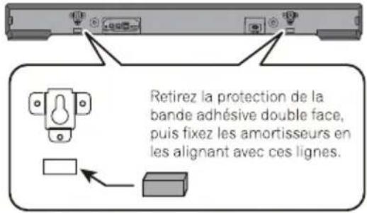 Retirez la protection de la bande adhésive double face, puis fixez les amortisseurs en les alignant avec ces lignes.