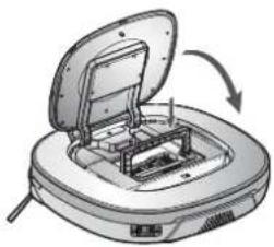 Illustration of a robotic vacuum cleaner with open lid and internal components, showing mechanical assembly (no text or symbols)